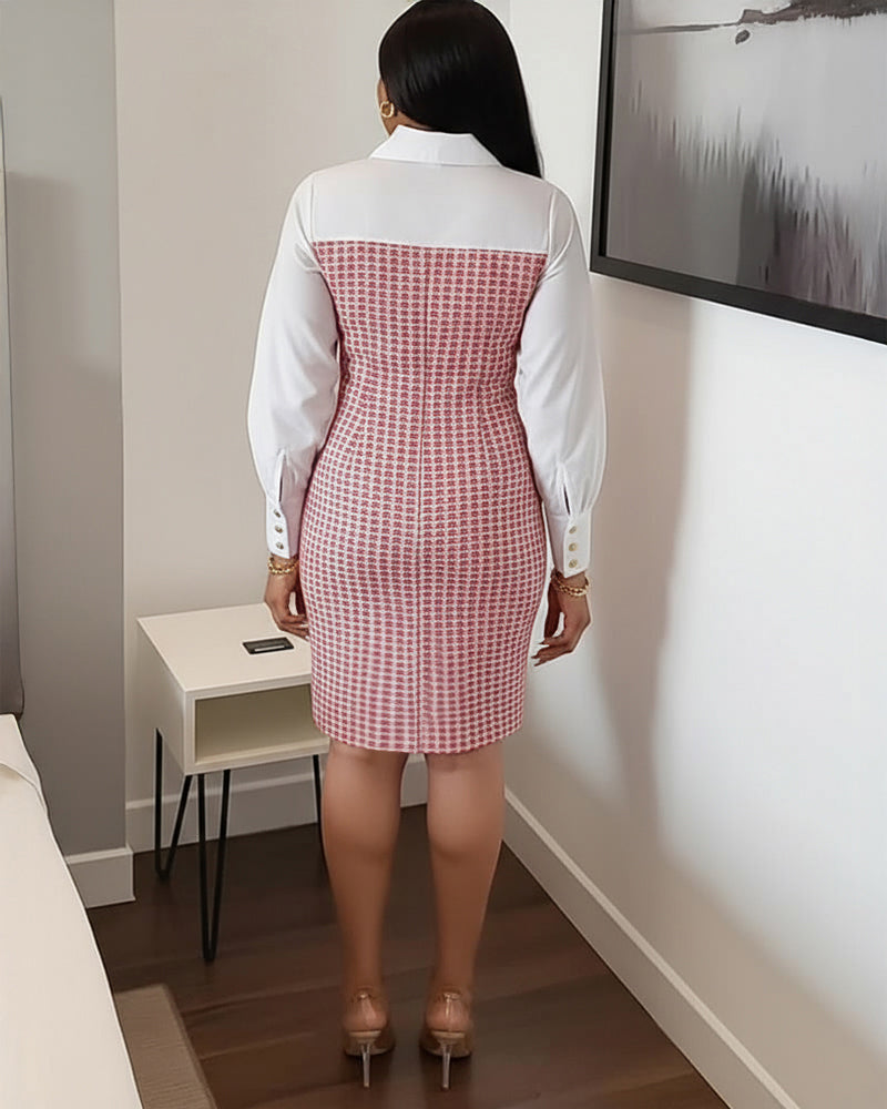Single Breasted Decor Turn-down Collar Tweed Spliced 2 In 1 Midi Dress Zipper Back Slit Slim Fit Commuting Dress