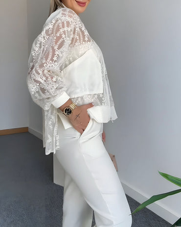 Floral Lace Embroidered Mesh Patchwork High-Low Hem Baseball Coat Casual Side Slit Zip Up Bomber Jacket