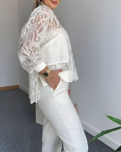 Floral Lace Embroidered Mesh Patchwork High-Low Hem Baseball Coat Casual Side Slit Zip Up Bomber Jacket