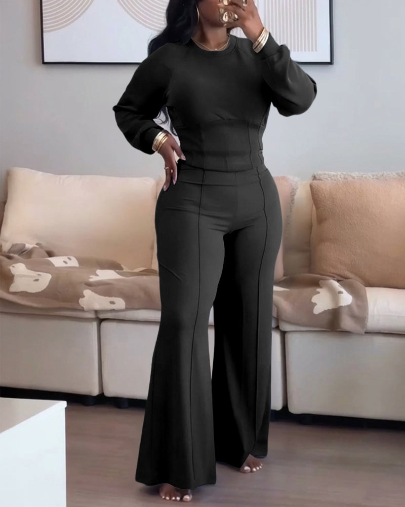 2 Pieces Outfit O-neck Long Sleeve Cinched Waist Sweatshirt and Elastic Waist Wide Leg Pants Set Casual Seam Design Sweatpants Set