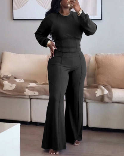 2 Pieces Outfit O-neck Long Sleeve Cinched Waist Sweatshirt and Elastic Waist Wide Leg Pants Set Casual Seam Design Sweatpants Set
