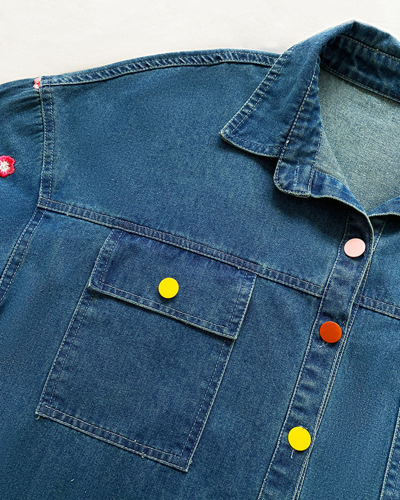 Women's Floral Embroidered Denim Jacket Colorful Button Down Jean Coat Casual Washed Shacket