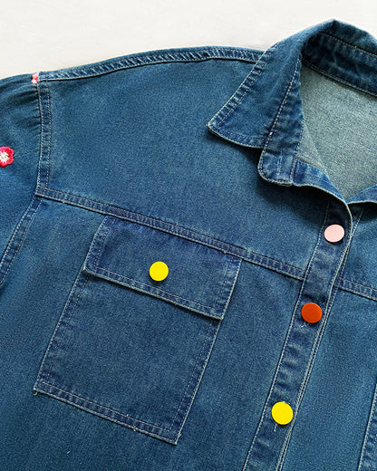 Women's Floral Embroidered Denim Jacket Colorful Button Down Jean Coat Casual Washed Shacket