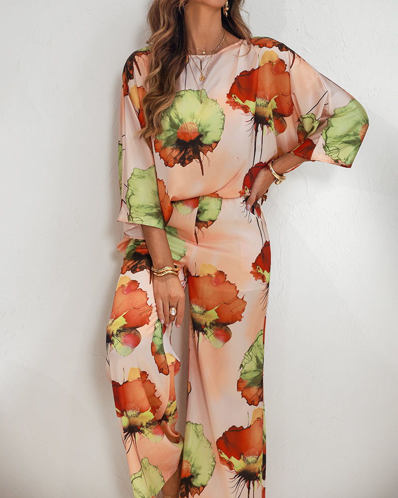 2 Pieces Outfit Floral Print Skew Neck Batwing Sleeve Top and Casual Elastic Wasit Wide Leg Pants Set