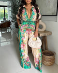Vintage Floral Print Turn-down Collar Roll Up Sleeve Button Front Overalls Casual Drawstring Stretchy Waist Wide Leg Vacation Jumpsuit