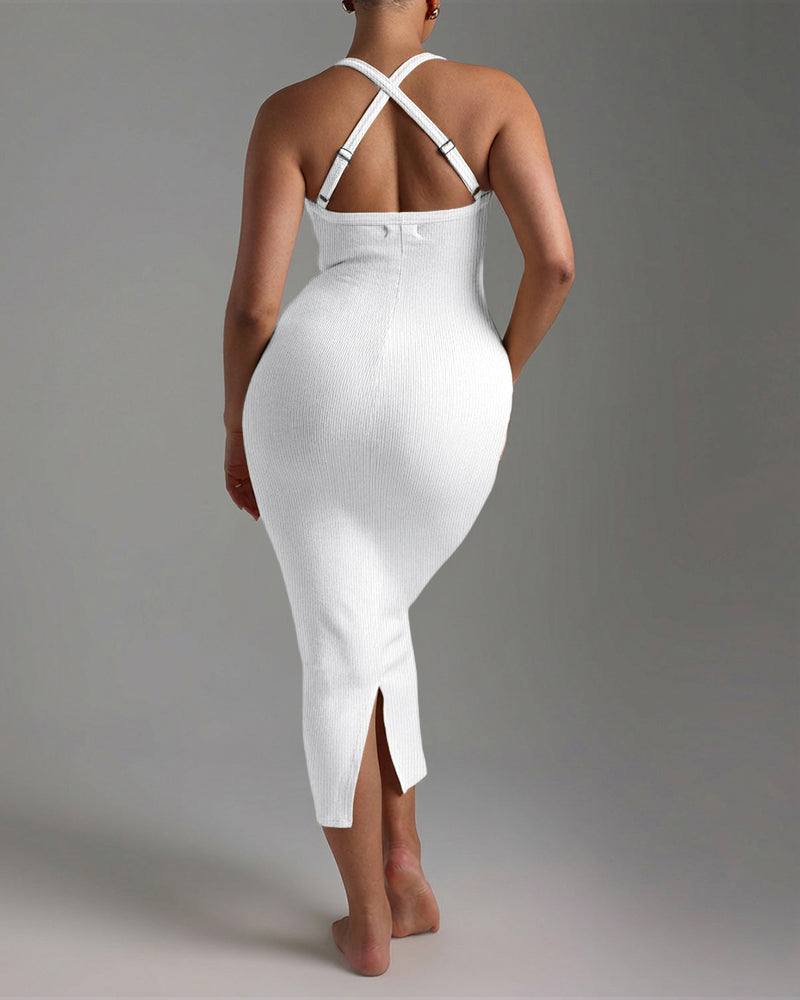 Criss Cross Straps Back Ribbed Mid-length Dress Sexy Slim Fit Backless Slit Back Dress