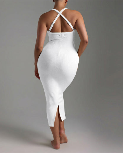 Criss Cross Straps Back Ribbed Mid-length Dress Sexy Slim Fit Backless Slit Back Dress