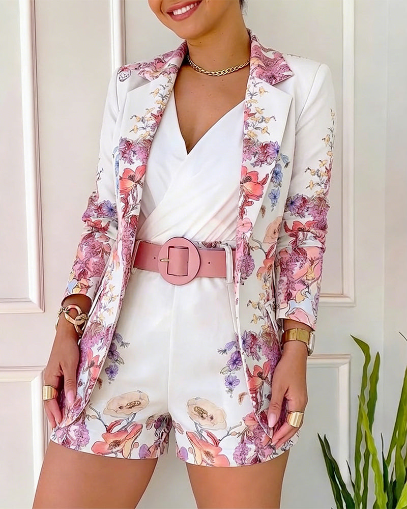 Women's Floral Blazer & Shorts Set Elegant Single-Breasted Coat and High-Waisted Shorts with Belt