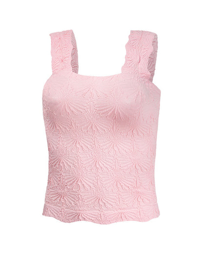 Floral Jacquard Square Neck Thick Strap Crop Tank Casual Sleeveless Top