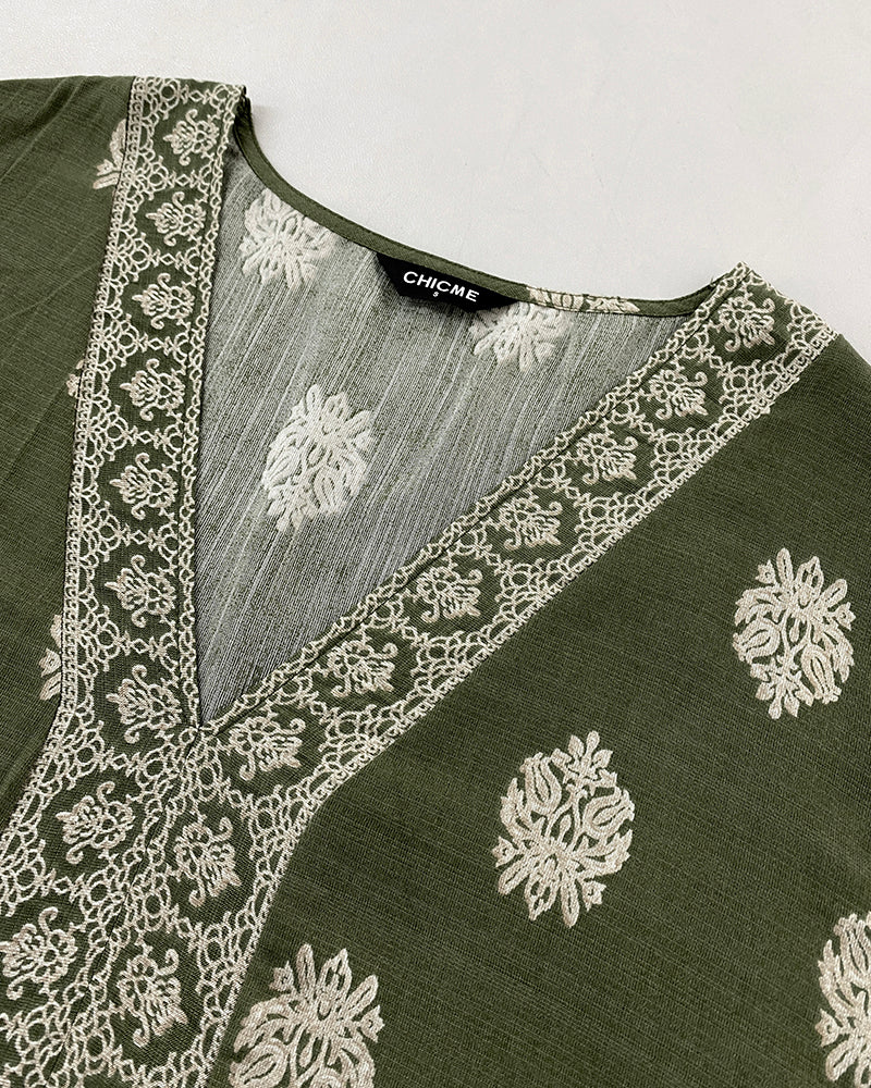 Floral Print V Neck Long Sleeve Blouse Casual Loose Fit Top