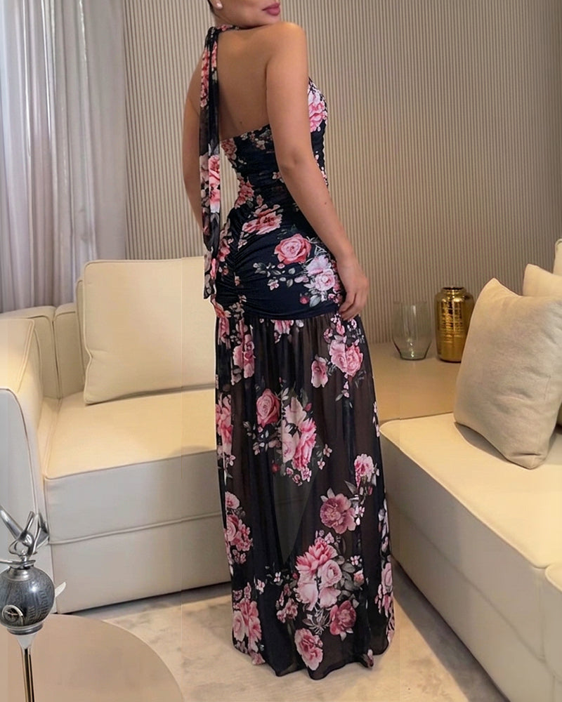 Women's Halter Tie Maxi Dress Vintage Floral Print Ruched Bodycon Long Dress Sexy Backless High Slit Mermaid Vacation Dress