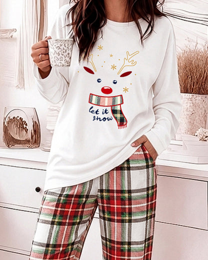 Women's Pajama Set Christmas Reindeer Print Crew Neck Long Sleeve Top and Plaid Wide Leg Pants