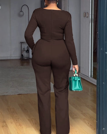Cowl Neck Asymmetrical Textured Patchwork Cinched Waist Jumpsuit Casual Zipper Back Wide Leg Jumpsuit