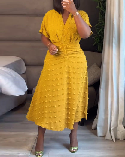 Swiss Dot V Neck Short Sleeve Dress Casual Ruched Waist Midi Dress