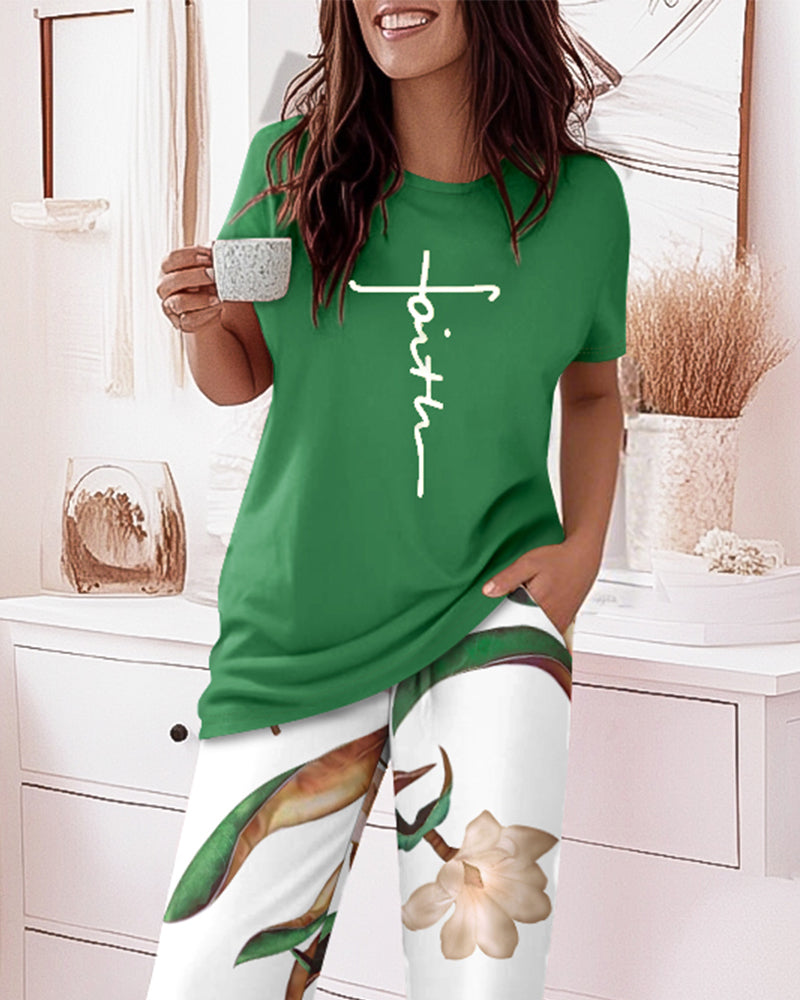 2 Pieces Outfit Faith Letter Print Round Neck Short Sleeve Top and Floral Print Elastic Waist Pants Set Casual Pajamas Set