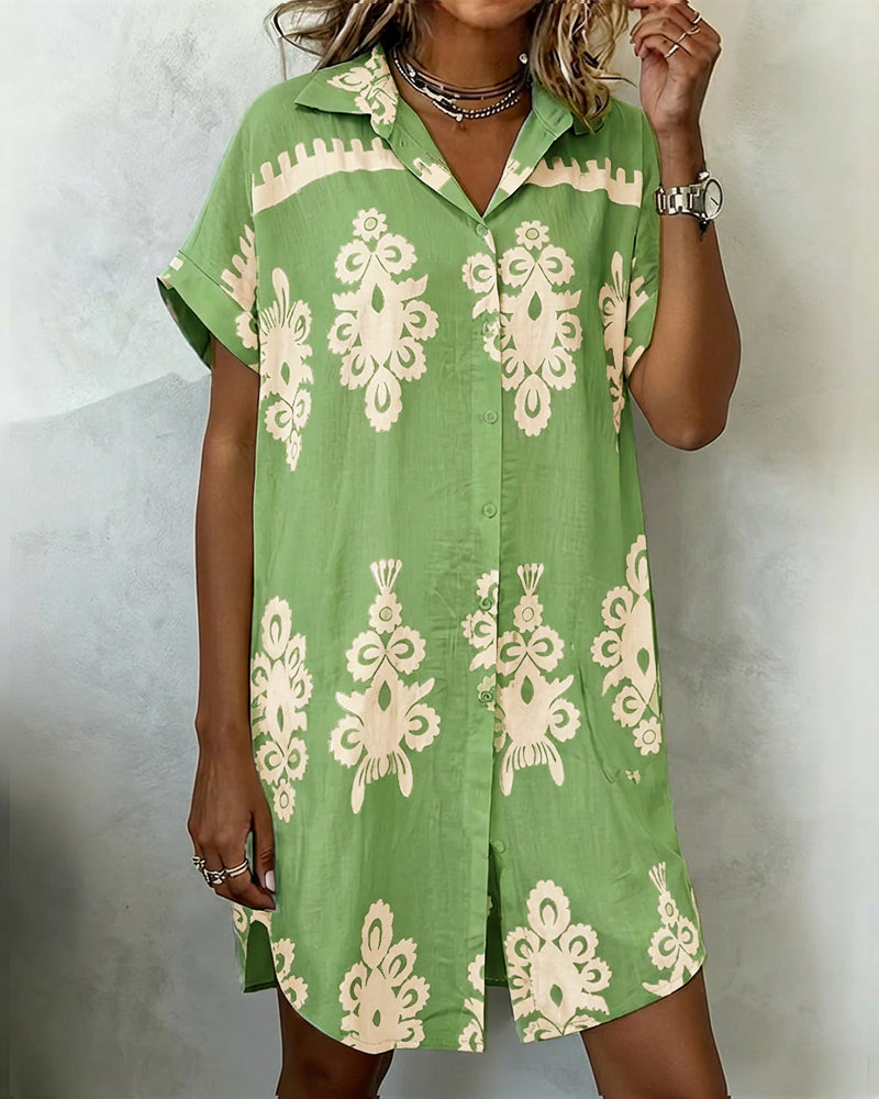 Vintage Baroque Placement Print Turn-down Collar Rolled Cuffs Button Down Shirt Dress Casual Curved Hem Vacation Dress with Pockets