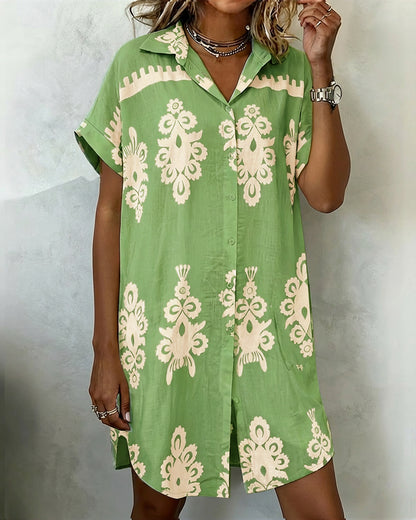 Vintage Baroque Placement Print Turn-down Collar Rolled Cuffs Button Down Shirt Dress Casual Curved Hem Vacation Dress with Pockets