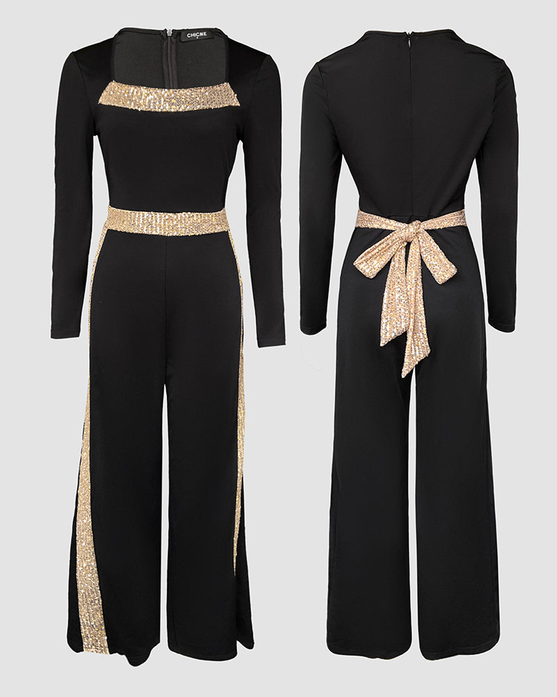 Sequin Bowknot Decor Contrast Sequin Paneled Square Neck Long Sleeve Jumpsuit Casual Cinched Waist Wide Leg Jumpsuit