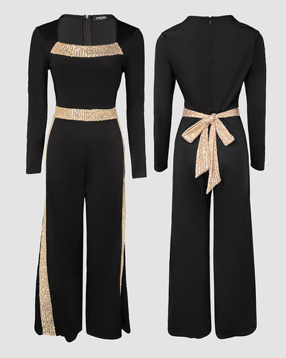 Sequin Bowknot Decor Contrast Sequin Paneled Square Neck Long Sleeve Jumpsuit Casual Cinched Waist Wide Leg Jumpsuit