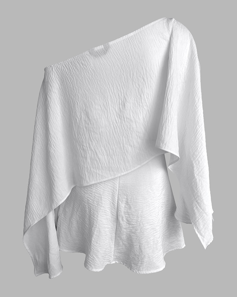 3 Pieces Outfit Solid Off Shoulder Split Sleeve Convertible Crop Top and Casual Elastic Waist Skorts Set With Bandeau(Without Belt)