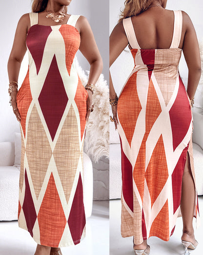 Geometric Print Square Neck Thick Strap Vacation Dress Casual Slim Fit Slit Maxi Dress