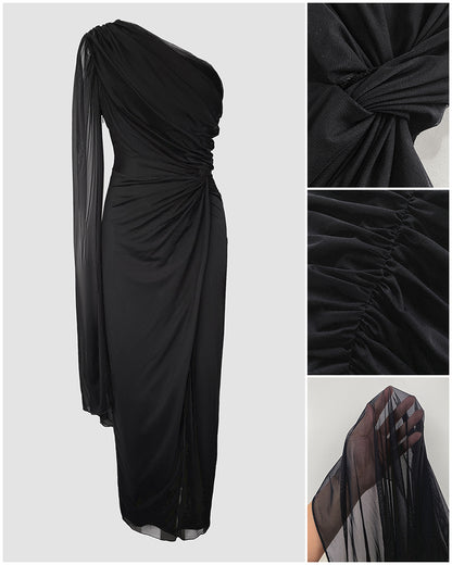One Shoulder Asymmetrical Mesh Cloak Sleeve Ruched Twist Waist Evening Dress Waist Gathered Slit Party Dress