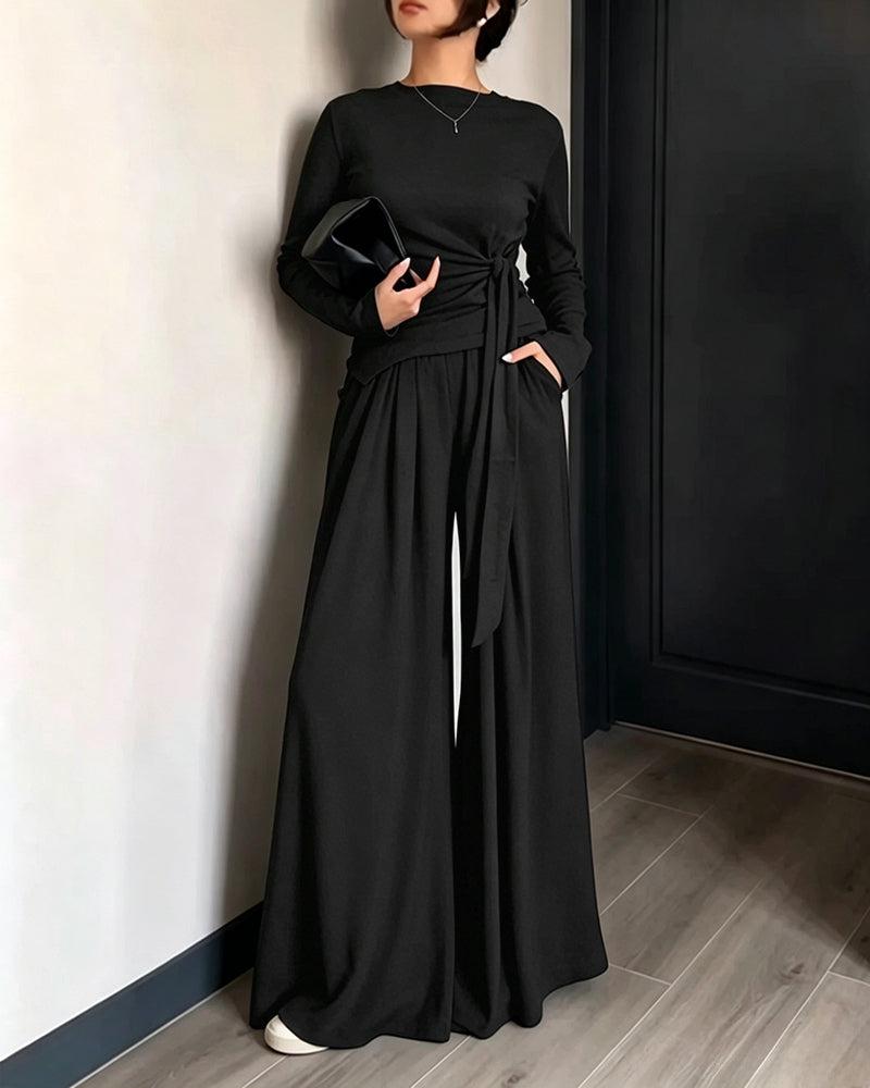Women's 2 Piece Knit Lounge Set Long Sleeve Tie Waist Top and High Waisted Wide Leg Pants Casual Soft Sweatsuit with Pockets