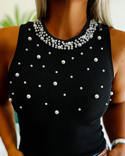 Women's Pearls Slim Fit Tank Top Sleeveless O-neck Ribbed Knit Tee