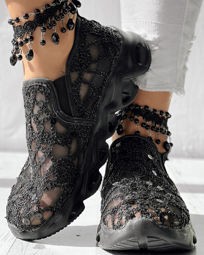 Contrast Sequin Sheer Mesh Patch Breathable Sneakers