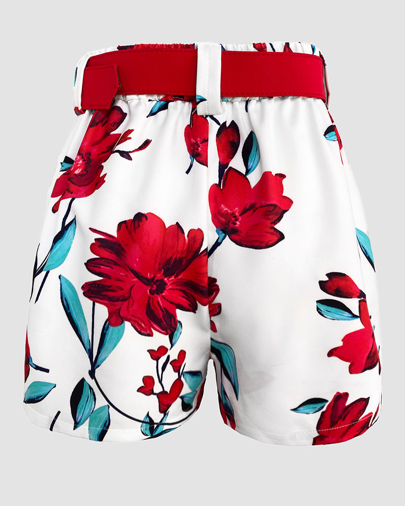 Women's 2-Piece Outfit Single-Breasted Blazer and Floral Print Shorts Set with Belt