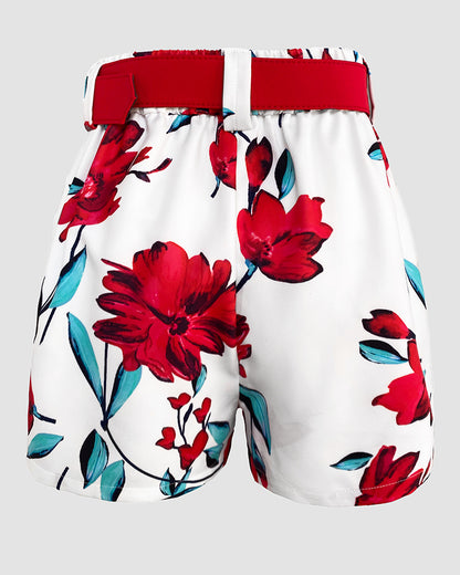 Women's 2-Piece Outfit Single-Breasted Blazer and Floral Print Shorts Set with Belt