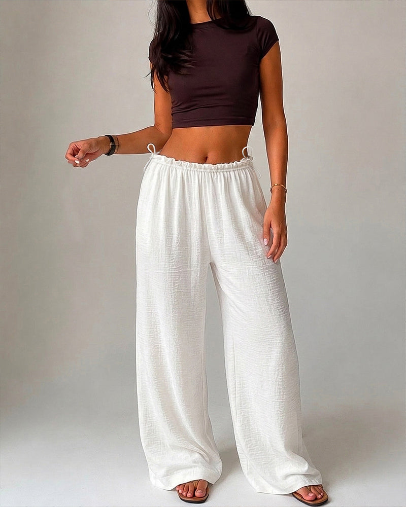 Women's High Waisted Wide Leg Pants Flowy Crinkle Casual Drawstring Lounge Trousers