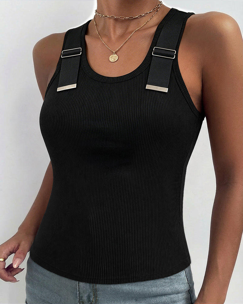 Women's Ribbed Knit Tank Top Adjustable Buckle Strap Side Ruched Knit Top Curved Hem Slim Fit Vest