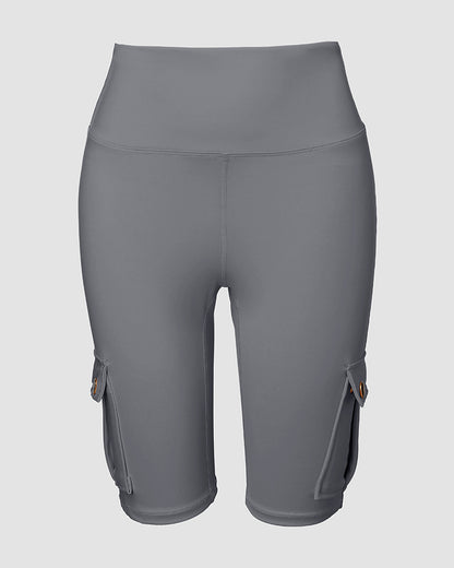 Tummy Control Butt Lifting Active Shorts High Waist Flap Pocket Workout Bermuda Cargo Running Shorts