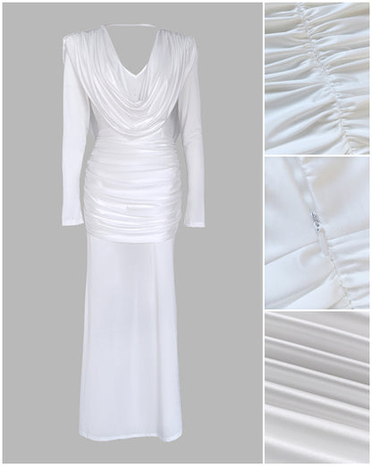 Cowl Neck Ruched Zipper Back Slim Fit Maxi Dress Casual Padded Shoulders Backless Evening Dress