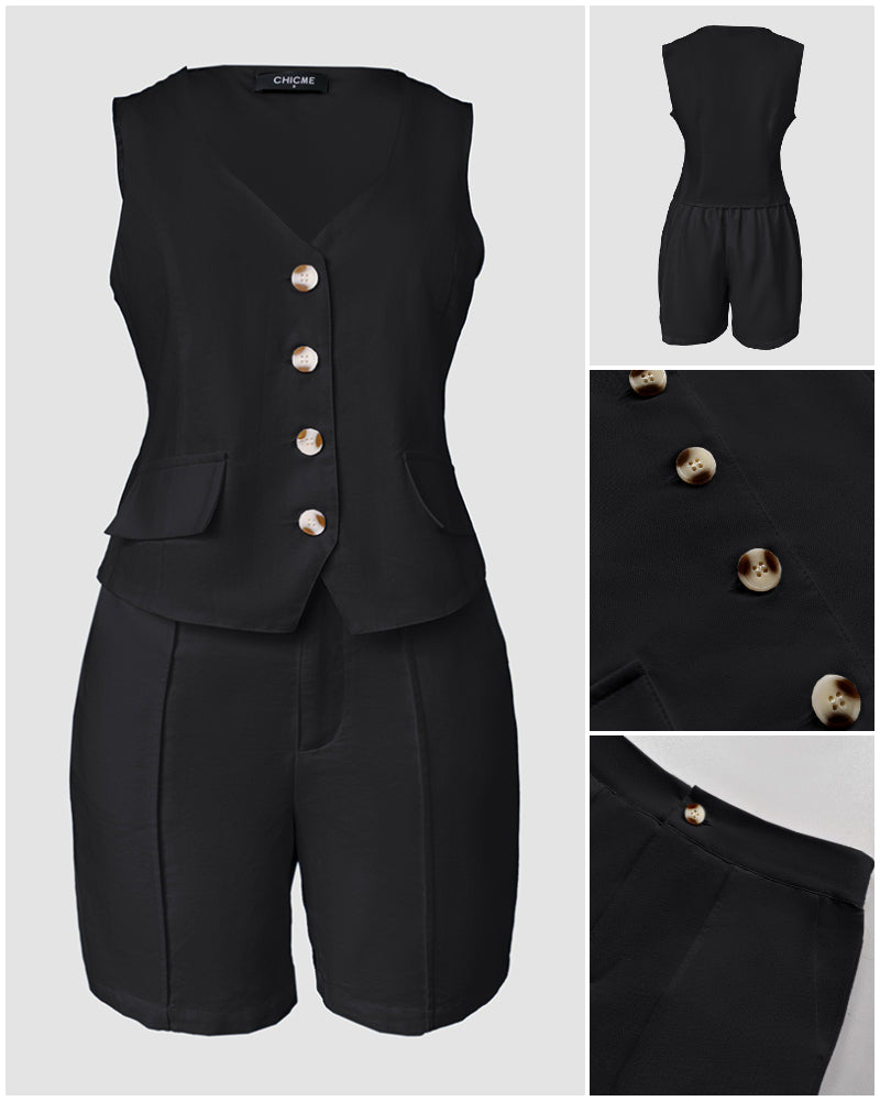 2 Pieces Outfit V Neck Button Front Flap Detail Vest Top and Casual Pockets Design Zipper Fly Elastic Back Waist Shorts Set