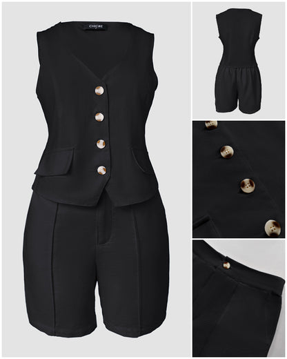 2 Pieces Outfit V Neck Button Front Flap Detail Vest Top and Casual Pockets Design Zipper Fly Elastic Back Waist Shorts Set
