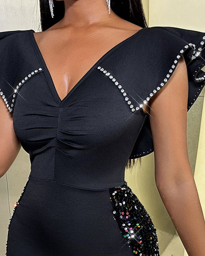 Embellished Ruffle Neckline Sequin Patchwork Mini Dress Ruched Bodycon Party Dress