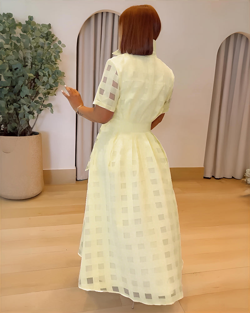 Turn Down Collar Plaid Mesh Double Layered Cinched Waist Maxi Dress Button Down Bow Tie Waist Commuting Dress