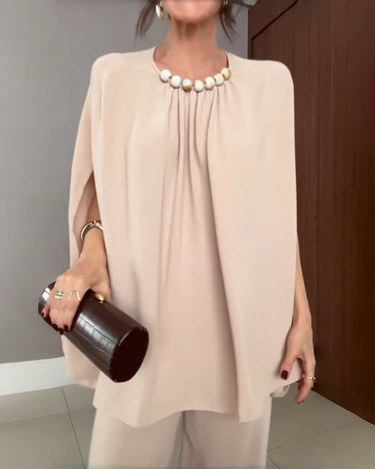 2 Pieces Outfit Elegant Pearl Embellished Split Sleeve Top and Casual Wide Leg Pants Set