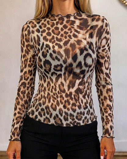 Women's Leopard Print Sheer Mesh Top Frill Trim Mock Neck Long Sleeve Tee