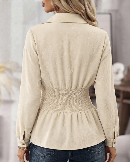 Women's Turn-down Collar Long Sleeve Button Front Blouse Shirred Waist Peplum Top