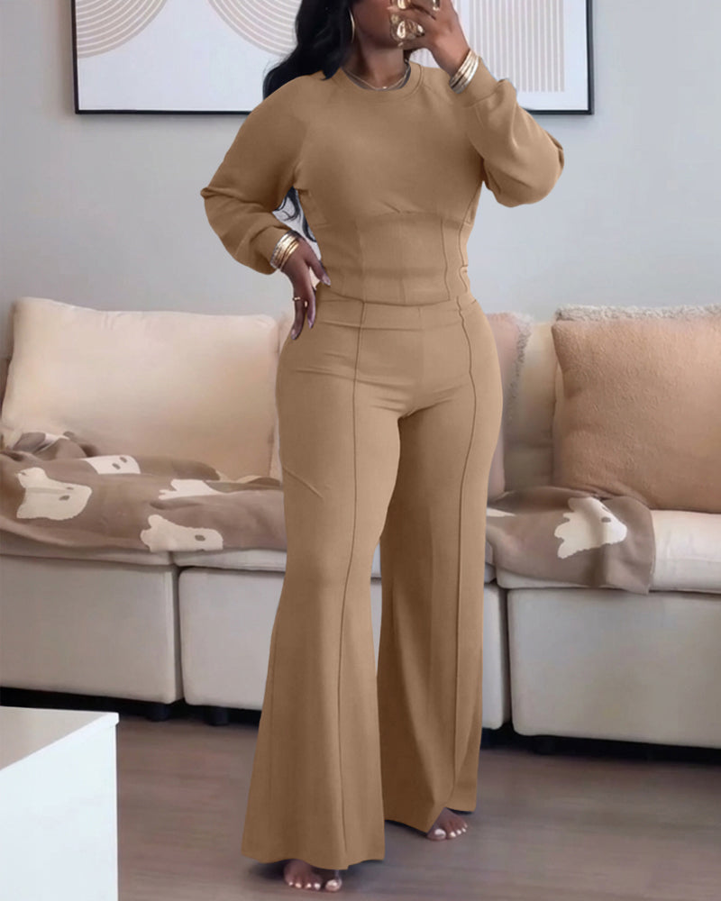2 Pieces Outfit O-neck Long Sleeve Cinched Waist Sweatshirt and Elastic Waist Wide Leg Pants Set Casual Seam Design Sweatpants Set
