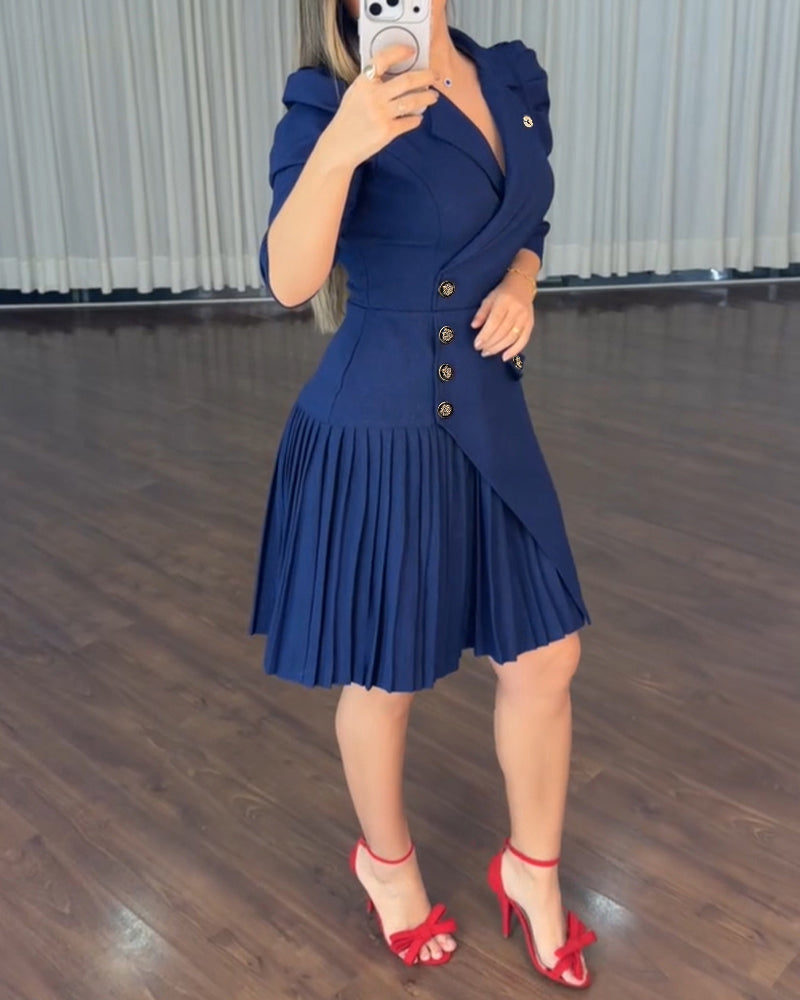 Vestido tipo blazer para mujer, con solapas de muesca, mangas abullonadas, botones laterales, bajo plisado asimétrico y corte en A; vestido profesional
