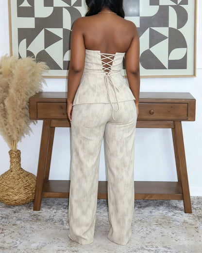 Women's Tie Dye 2 Piece Outfits Strapless Corset Lace Up Top and High Waisted Straight Leg Pants Set with Clear Straps