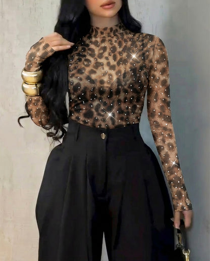 Rhinestone Decor Leopard Print Mock Neck Long Sleeve Tee Sexy Slim Fit Sheer Top