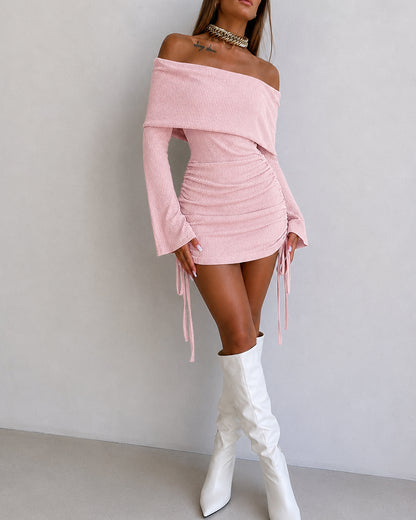 Women's Foldover Off Shoulder Long Sleeve Ruched Mini Dress Drawstring Bodycon Dress