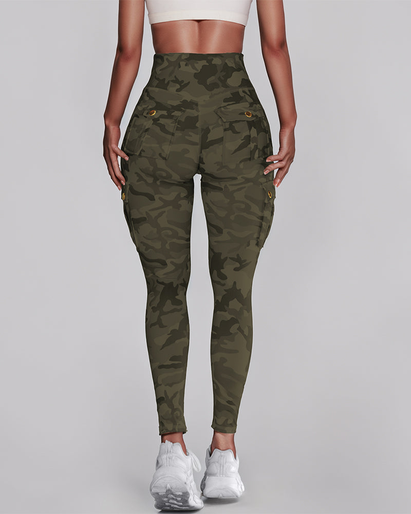 Camouflage Print High Waist Skinny Leggings with Cargo Flap Pockets Casual Pants