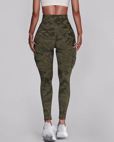 Camouflage Print High Waist Skinny Leggings with Cargo Flap Pockets Casual Pants