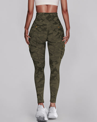 Camouflage Print High Waist Skinny Leggings with Cargo Flap Pockets Casual Pants